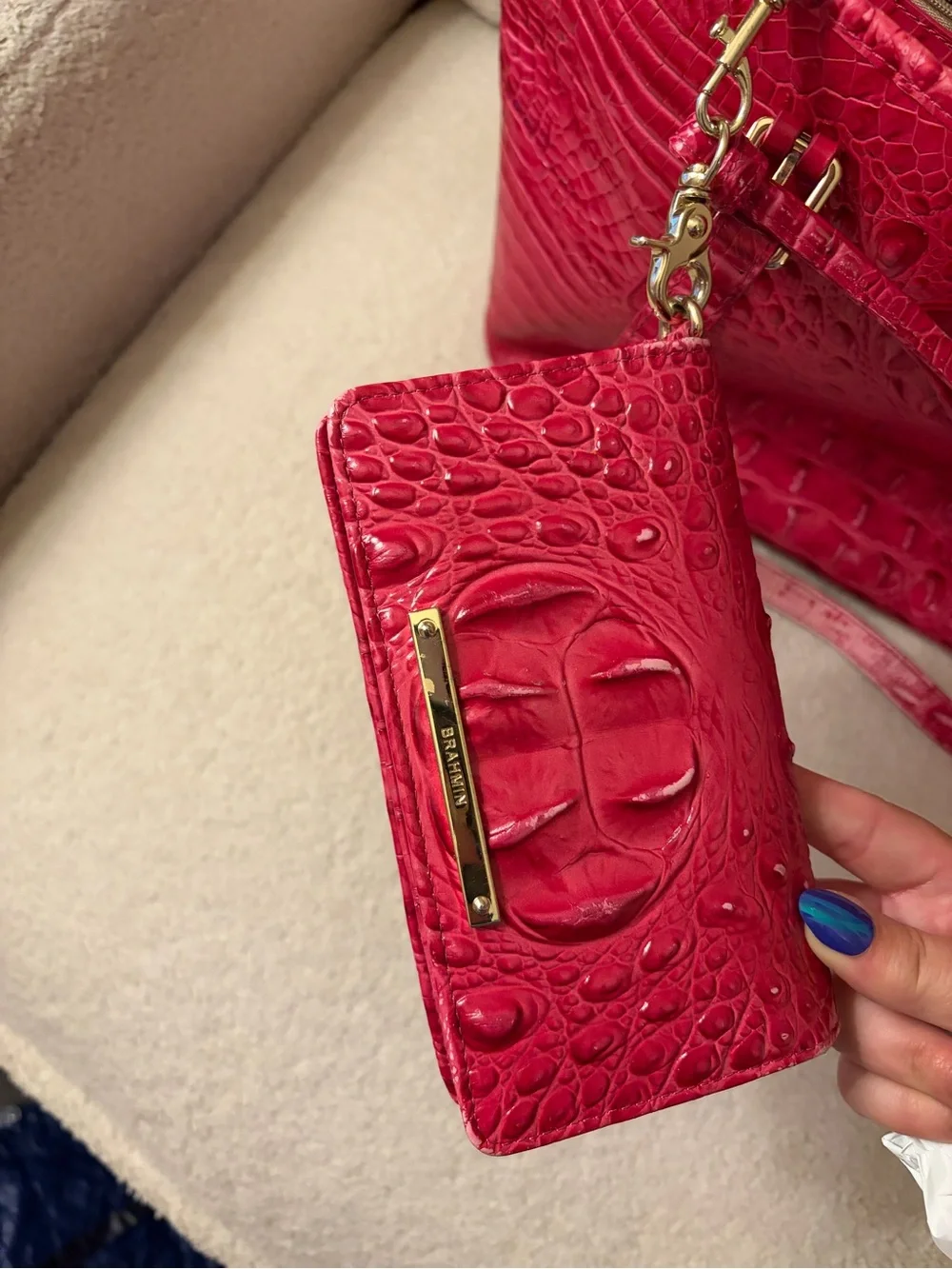 Brahmin Fuchsia Croc-Embossed Leather Tote with Gold Hardware